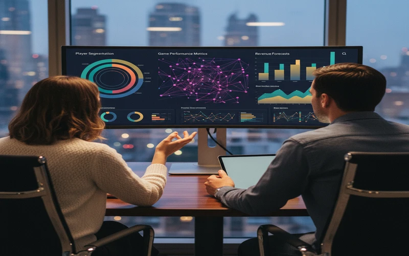 Analytics dashboard displaying predictive insights including player segmentation, game performance metrics, and revenue forecasts