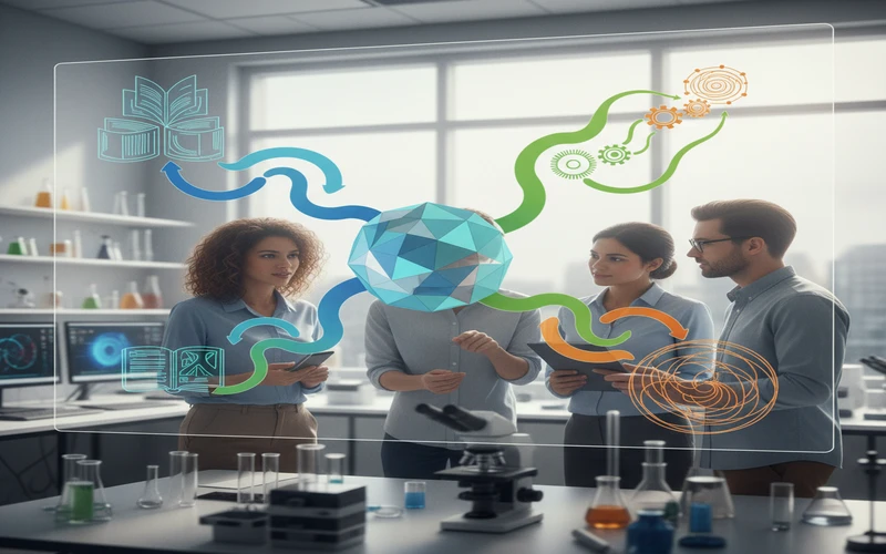 Infographic showing research collaboration outcomes including publications, patents, and open-source contributions from international partnerships