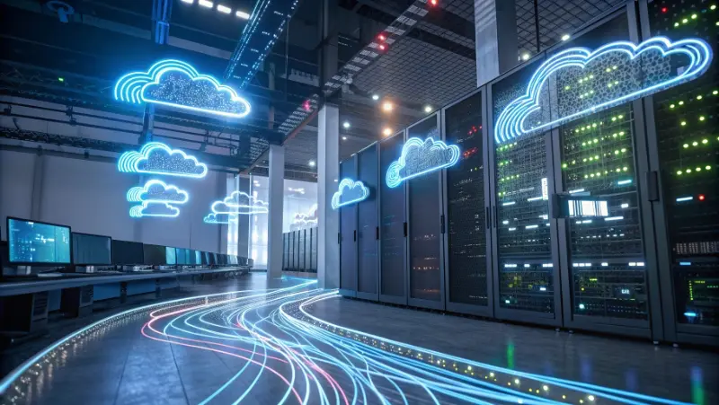 Futuristic visualization of interconnected cloud services and distributed systems