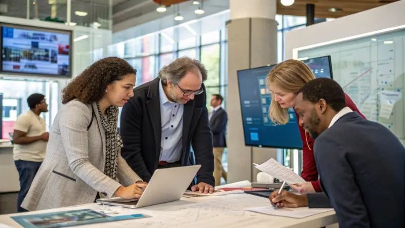 Business professionals and academic researchers collaborating on technology projects