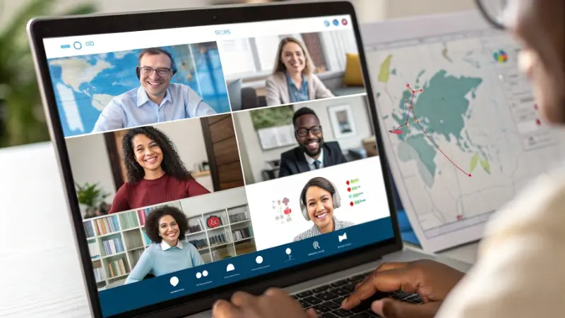 Virtual conference platform showing global participants connected online
